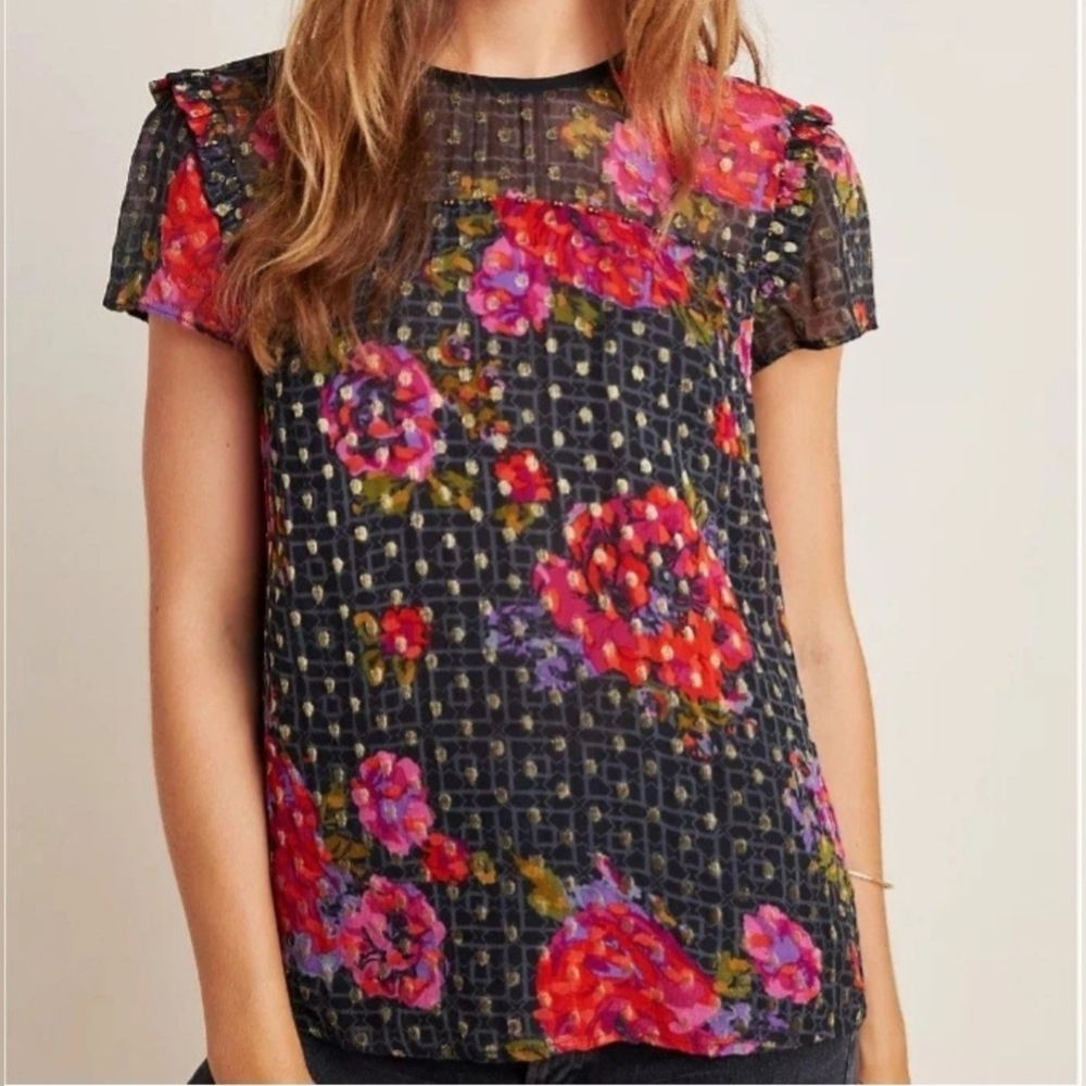 By Anthropologie Fiorella Short Sleeve Beaded Floral Top Black/Red Sz 10